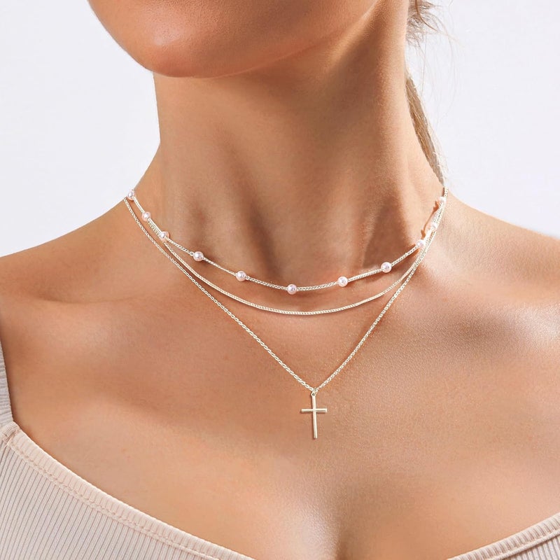Zeffy Gold Pearl Necklace for Women, Dainty 14K Gold/Silve Plated Layered Pearl Choker Pearl Earrings Pearl Bracelets Wedding Trendy Gold Jewelry Set for Women Gifts - Image 2